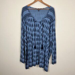 ULLA POPKEN Top Womens 28/30 Blue Boho Paisley Tassel V-Neck Long Sleeve Cotton